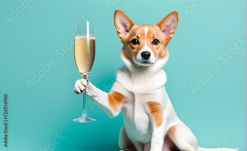Dog holding a glass of champagne, minimalist style, pastel-hued backdrop, champagne bubbles glistening. Generative AI © 냥냥냥 난