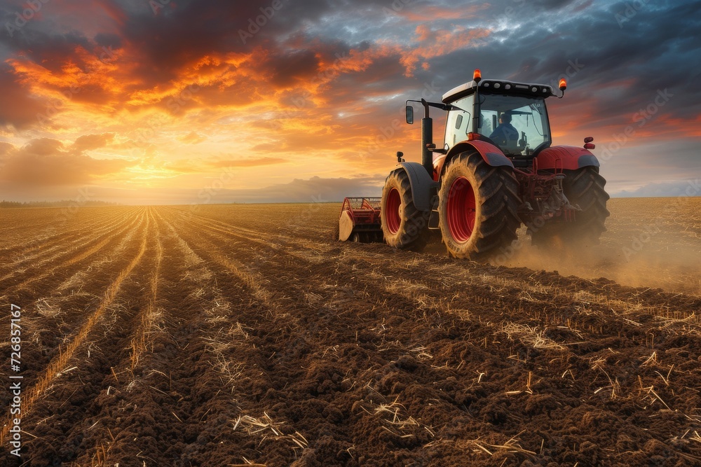 Fototapeta premium Tractor in the field. Backdrop with selective focus and copy space