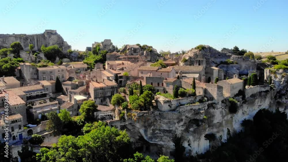 View of Les Baux-de-Provence, Provence, France, Drone view of rock in the heart of the Alpilles the Chateau des Baux historical Unesco village