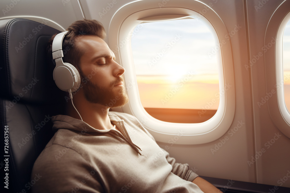Man in Headphones Relaxing in Airplane Seat with Eyes Closed at Sunset. Peaceful Air Travel Concept Man in Headphones Relaxing in Airplane Seat with Eyes Closed at Sunset. Peaceful Air Travel Concept