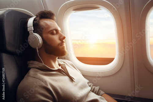 Man in Headphones Relaxing in Airplane Seat with Eyes Closed at Sunset. Peaceful Air Travel Concept © AspctStyle