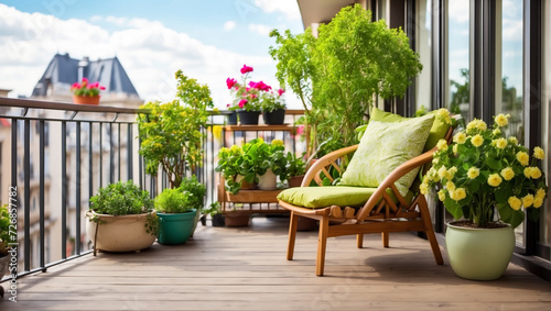 Beautiful balcony or terrace with wooden and plants