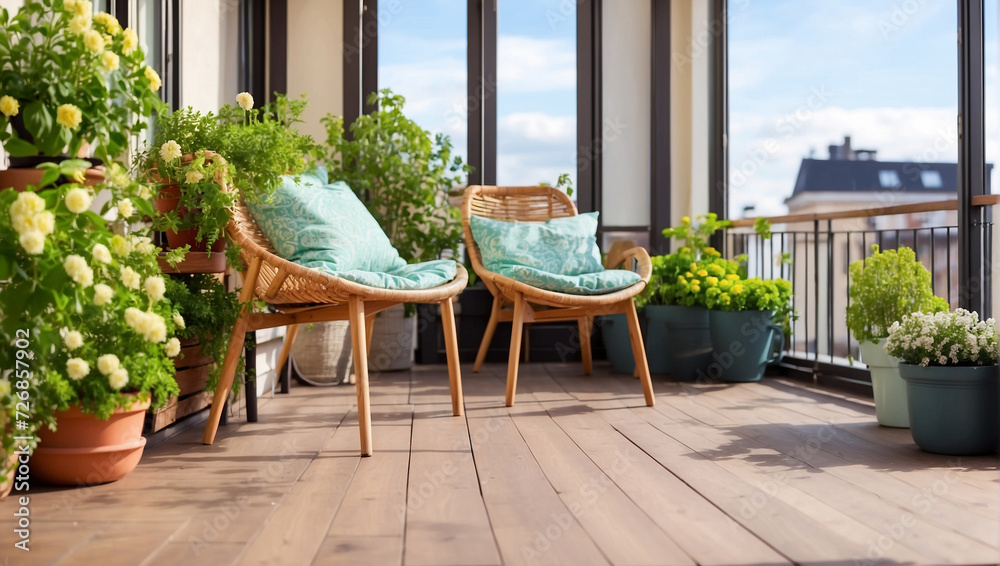 Beautiful balcony or terrace with wooden and plants Beautiful balcony or terrace with wooden and plants