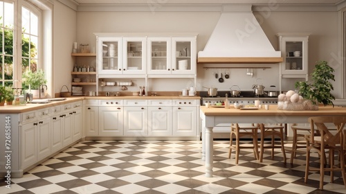 Vintage-style kitchen furnished in a u-shaped white lacquered wood with wooden countertop  white tiles and hydraulic tile floor