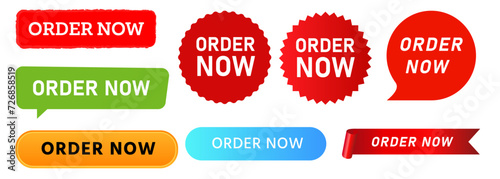 Order now transaction call to action button ribbon label sticker commerce design set collection photo