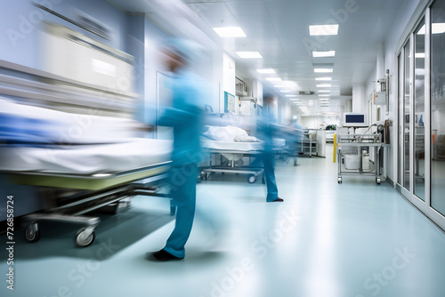 Dynamic Scene of Healthcare Workers in Motion in a Busy Hospital Setting. Urgent Medical Care Concept
