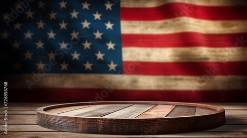 Podium stage wooden for display Products on flag american background. 4th of July USA Independence Day. Mockup presentation. advertisement. copy text space.