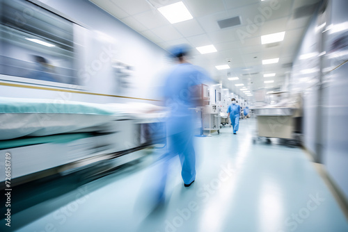 Motion Blur of Medical Staff Rushing in Hospital Corridor. Emergency Healthcare Concept