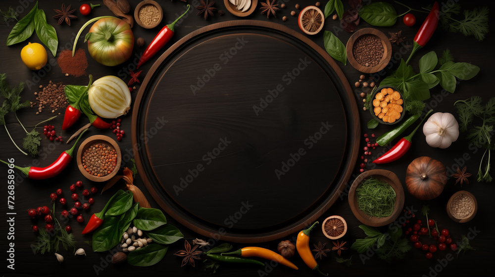 Wood texture background with cooking ornaments for a food menu theme. Copy space background area.