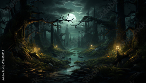 Spooky forest, dark mystery, horror in nature fantasy landscape generated by AI