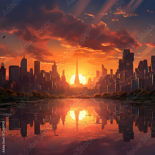A city skyline at sunrise.