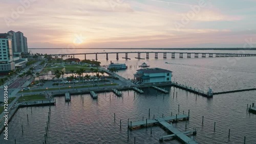 Aerial forward harbor Fort Myers, Florida, USA, panorama view during sunset photo