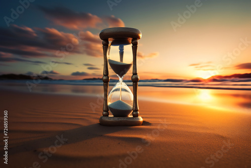 Hourglass on Sandy Beach at Sunset Symbolizing Passing Time. Concept of Transience and Nature's Rhythms