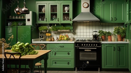 Vintage green kitchen. Green kitchen interior. Green color kitchen. Green color theme kitchen