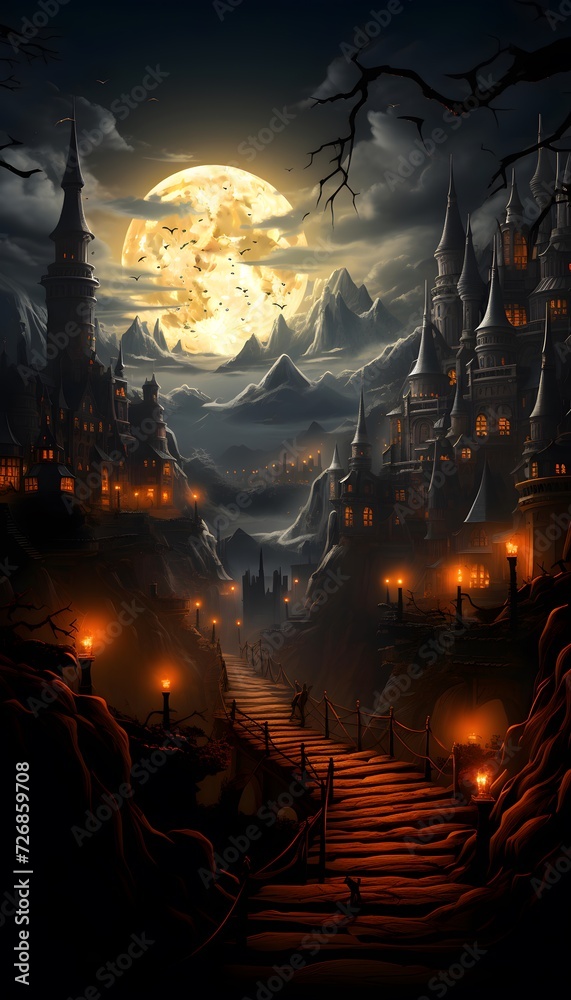 Halloween background with full moon, castle and spooky landscape.