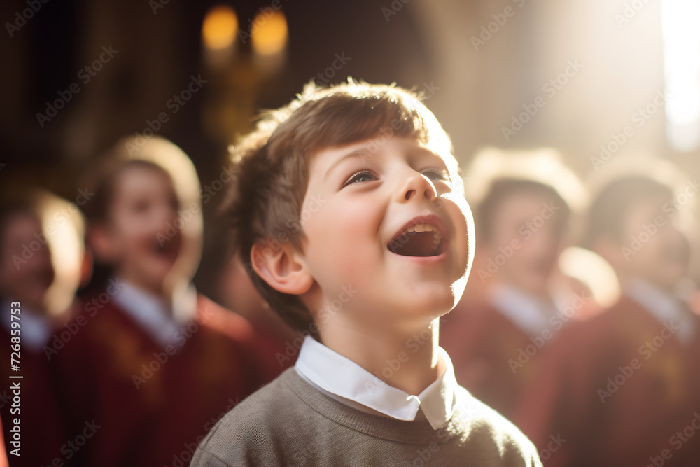 Young Boy in Choir Attire Singing with Joy during Performance. Music and Arts in Education Concept Young Boy in Choir Attire Singing with Joy during Performance. Music and Arts in Education Concept
