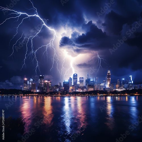 A dramatic lightning storm over a city.