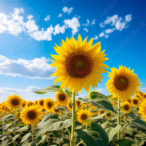 A field of sunflowers under a clear blue sky.