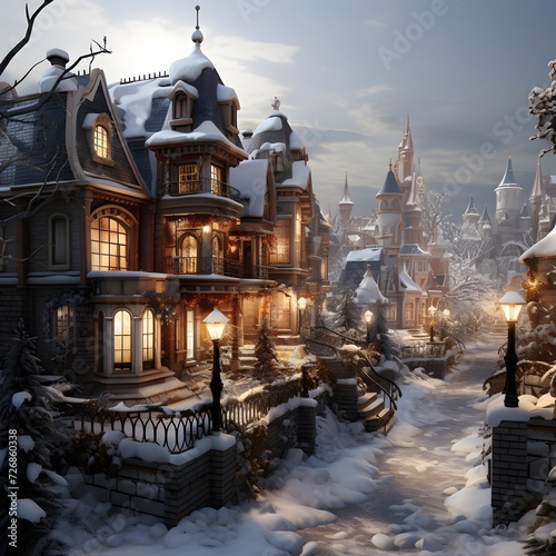 Beautiful winter landscape with a small town in the snow. 3d rendering