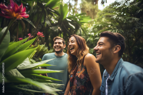 Group of Friends Sharing Laughs Surrounded by Lush Greenery. Joyful Moments in Nature Concept