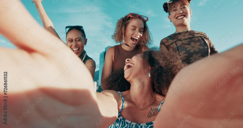 Happy, selfie or friends running outdoor with fun energy or freedom, bonding or playing. Portrait, live streaming or gen z group pushing woman in parking lot for social media, challenge or blog trend