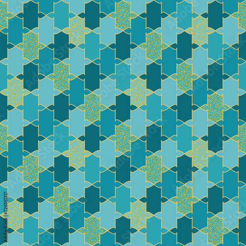 Abstract geometric seamless pattern. Mosaic of teal, turquoise, aquamarine, gold figured tiles, with dotted texture