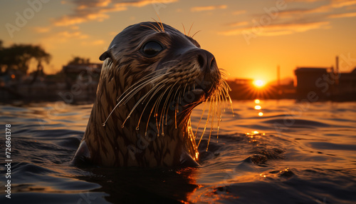 Cute seal looking at camera, wet fur in sunset reflection generated by AI © Stockgiu