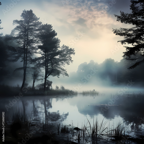 A mysterious fog over a tranquil lake. 