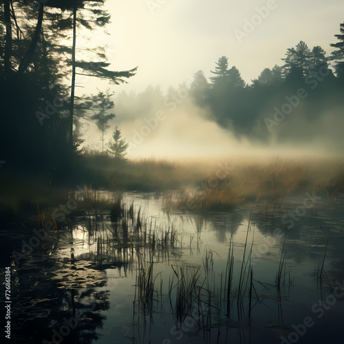 A mysterious fog over a tranquil lake. 
