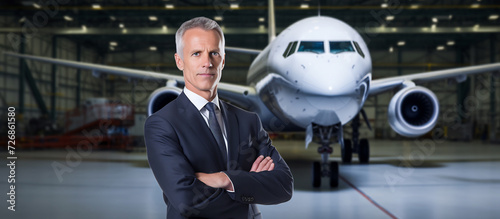 Confident Aviation Executive with Arms Crossed Standing in Airplane Hangar. Leadership in Aerospace Industry Concept