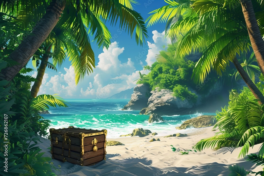 Fototapeta premium Tropical trees and an island beach with an unlocked pirate chest. Treasure of the Exotic Island
