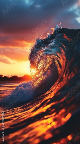 Vibrant Sunset Casting a Glow Behind an Ocean Wave