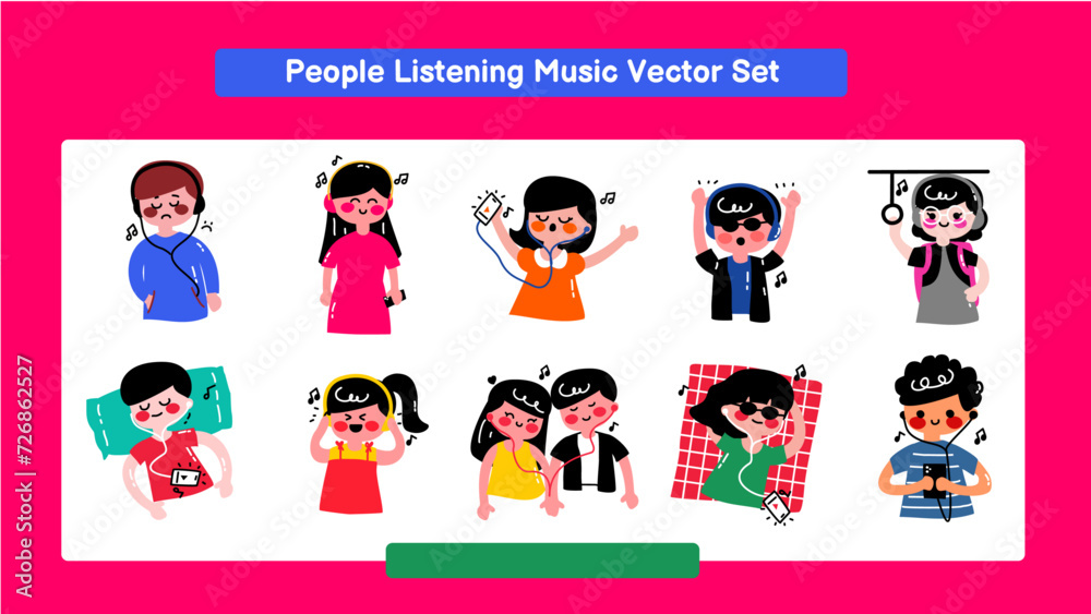 People Listening Music Vector Set