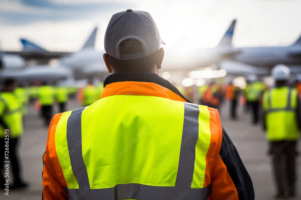 Airport Ramp Agent in Reflective Safety Vest Walking on Apron Among Parked Airplanes. Aviation Ground Operations Concept Airport Ramp Agent in Reflective Safety Vest Walking on Apron Among Parked Airplanes. Aviation Ground Operations Concept