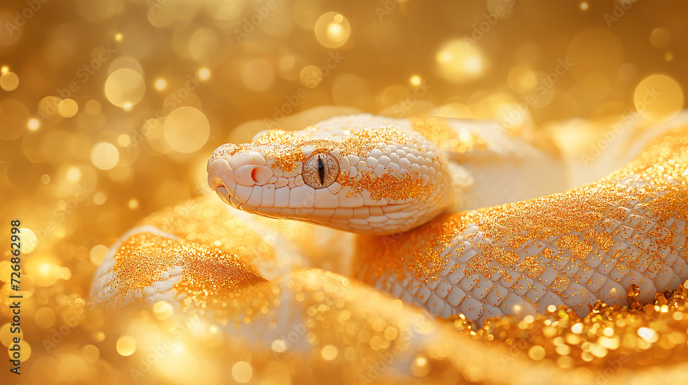 Albino snake with blurred gold background, glitter and blurred background, white snake represent year of snake, happy Chinese new year, Albino snake with blurred gold background, glitter and blurred background, white snake represent year of snake, happy Chinese new year,