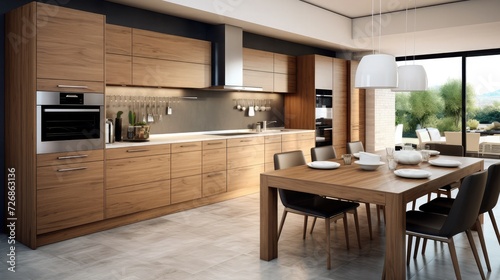 Wooden kitchen units and white worktop in modern interior © Faheem
