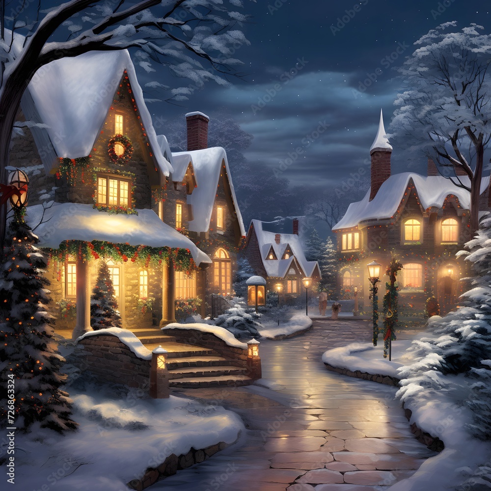 Winter night in the village. Digital painting. 3D rendering.