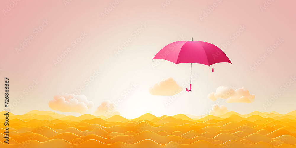  Opened pink and yellow umbrella in paper cut style and beautiful background  
   
