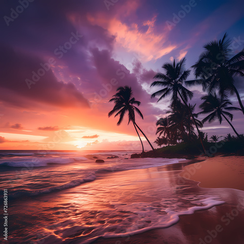 A serene beach sunset with palm trees. 