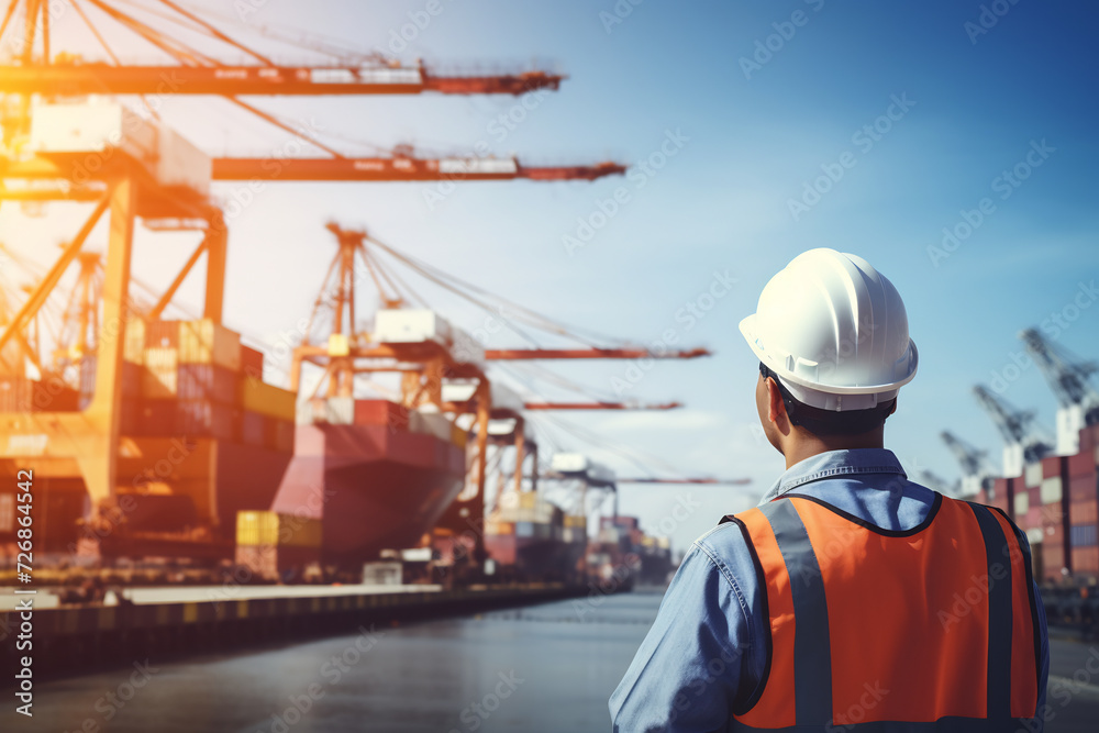 Two Logistics Professionals Overlooking Cargo Loading at a Busy Container Terminal. Shipping and Trade Concept Two Logistics Professionals Overlooking Cargo Loading at a Busy Container Terminal. Shipping and Trade Concept
