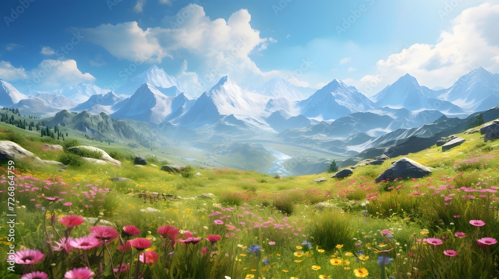 Beautiful panorama of the mountains and meadow with flowers.