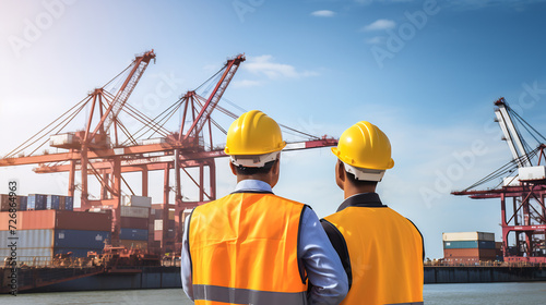 Two Logistics Professionals Overlooking Cargo Loading at a Busy Container Terminal. Shipping and Trade Concept