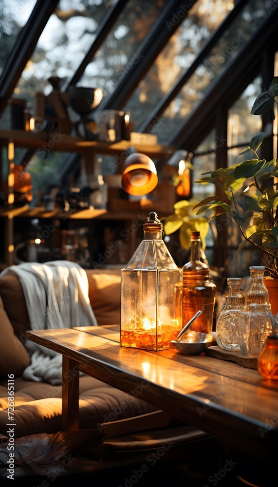 Vintage interior of a cozy coffee shop with a wooden table and glass bottles