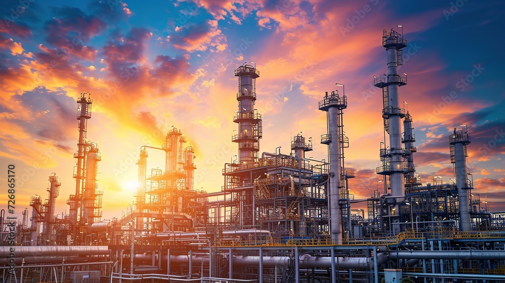 Oil and gas refinery plant or petrochemical industry on sky sunset ...
