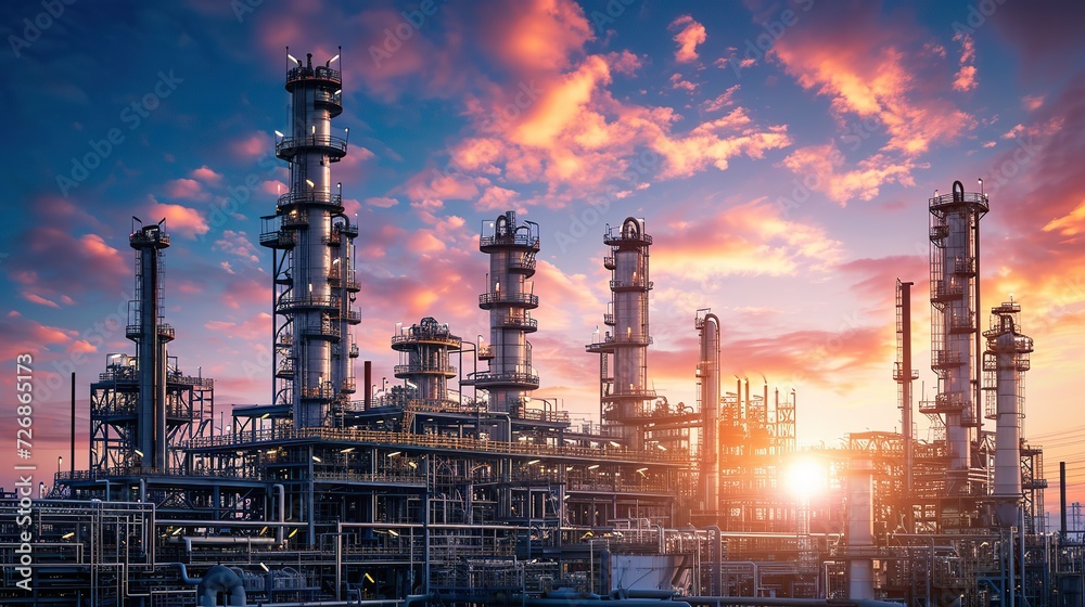 Oil and gas refinery plant or petrochemical industry on sky sunset background, Factory with evening, Manufacturing of petrochemical industrial. copy space.