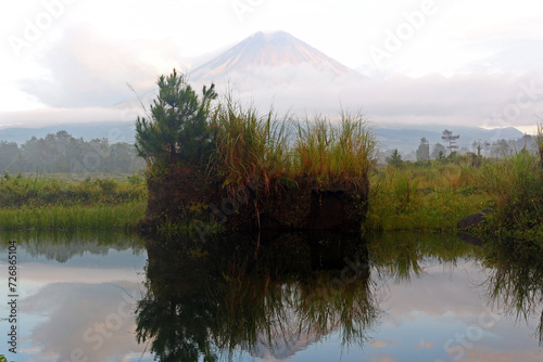 Scenic view of Mount Semeru, an active volcano and the highest mountain on the island of Java. Tranquil scenery of  mountain with reflectio on a puddle. Beauty of nature concept background. photo