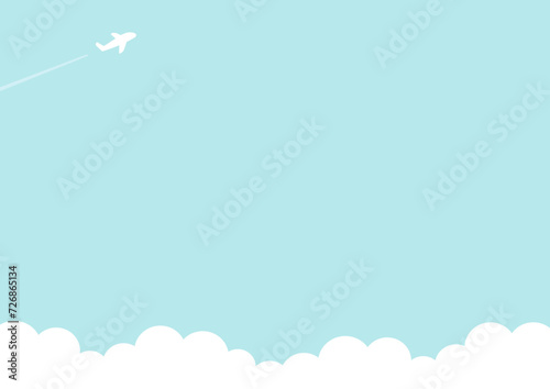 青空と飛行機のシンプルなベクター素材。旅行やビジネス出張のイメージに使えるコピースペースのある背景イラスト。明るいみ水色が春や夏に最適。 photo