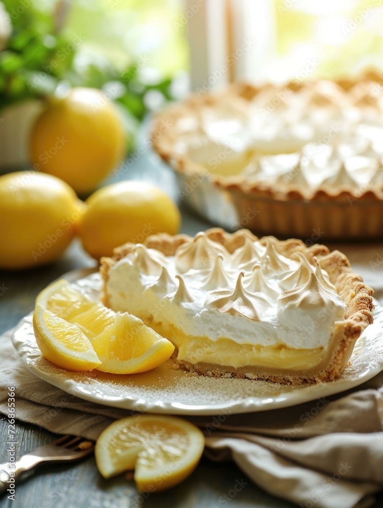 Lemon meringue pie with lemon slices on a white plate. Generative AI. Lemon meringue pie with lemon slices on a white plate. Generative AI.