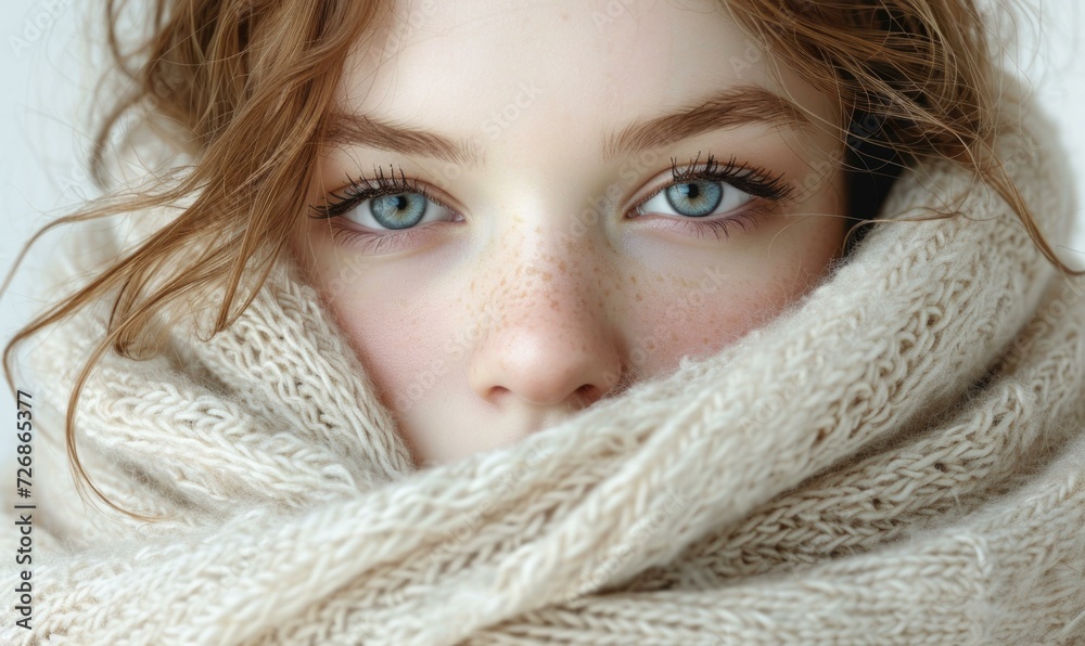 A woman with blue eyes wrapped in a blanket. Generative AI. A woman with blue eyes wrapped in a blanket. Generative AI.