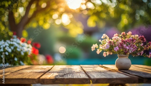 spring flowers on table. an empty wooden desk tabletop, offering ample copy space. Placed against a backdrop of a vibrant spring and summer blur background  © Sajjad-Farooq-Baloch